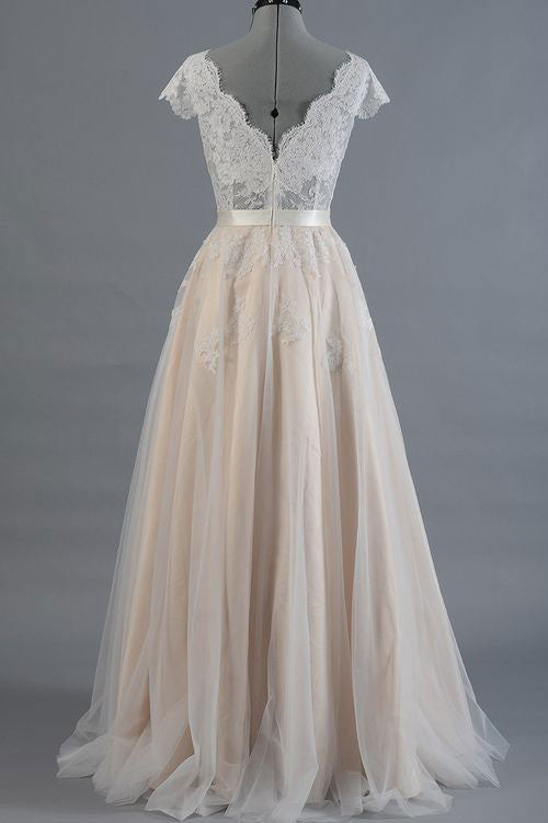 A-Line Champagne Tulle Lace Long Prom Dress Lace Wedding Dress