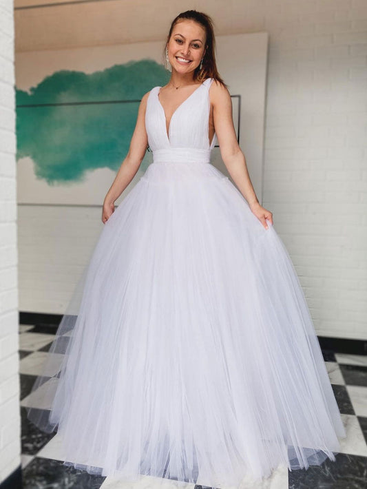 White V-Neck Tulle Long Prom Dress White Tulle Formal Dress