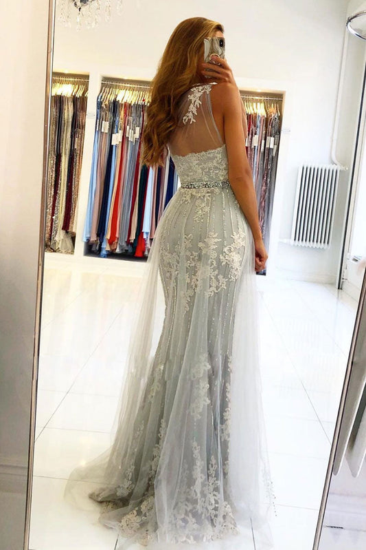 Gray One Shoulder Tulle Lace Long Prom Dress Gray Evening Gown