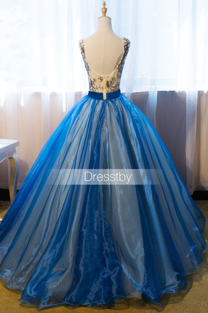 Unique V-Neck Blue Embroidery Long Prom Dress Sweet 16 Dress