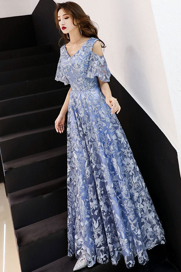 Blue V-Neck Tulle Lace Long Prom Dress Blue Lace Formal Dress