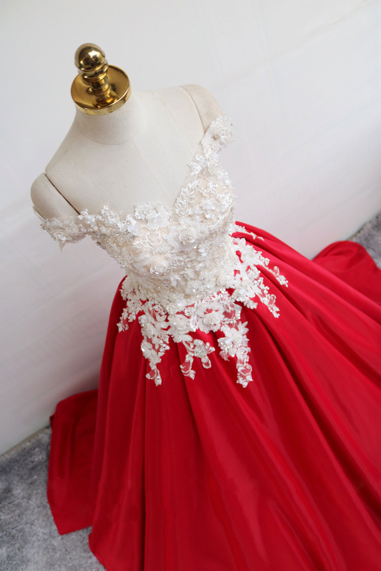 Red Satin Lace Long Prom Dress Red Evening Dress