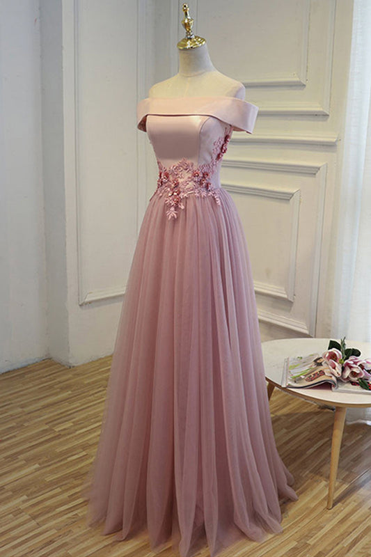 A-Line Off-Shoulder Tulle Long Prom Dress Tulle Bridesmaid Dress