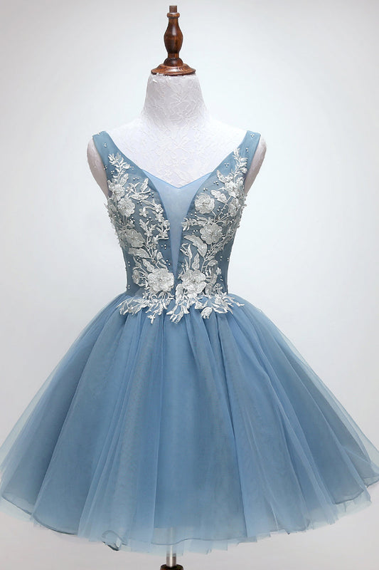 Blue Tulle Lace Short Prom Dress Blue Tulle Lace Homecoming Dress