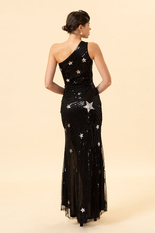 Sparkly Sheath One Shoulder Black Sequins Long Prom Dress with Star