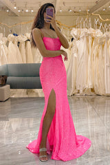 Glitter Pink Mermaid Long Prom Dress With Slit