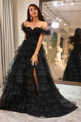 Sparkly Black Long Corset Tiered Detachable Off the Shoulder Prom Dress With Slit