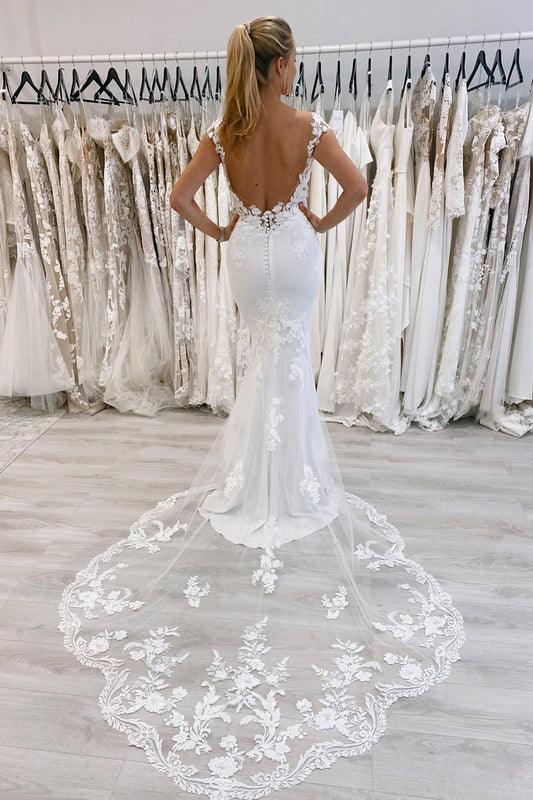 Classic White Mermaid Deep V-Neck Cap Sleeves Long Wedding Dress with Lace