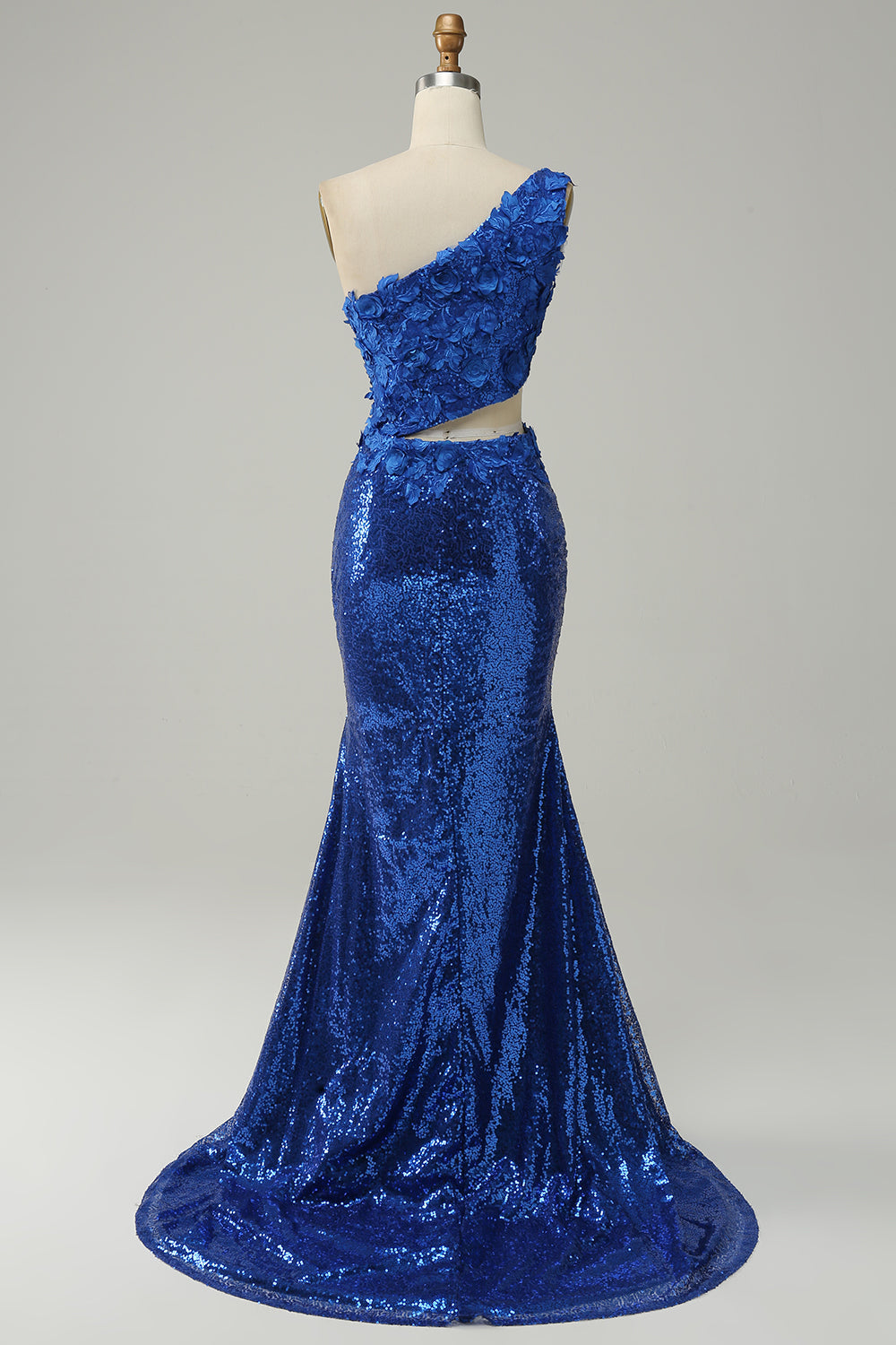 Sparkly Royal Blue One Shoulder Sequins Prom Dress with 3D Flowers