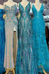 Sparkly Blue Metallic Long Backless Sequins Prom Dres with Slit