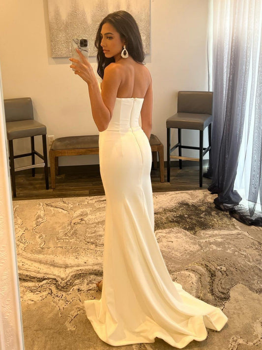 White Strapless Sexy V Neck Long Elegant Prom Dress With Split Design