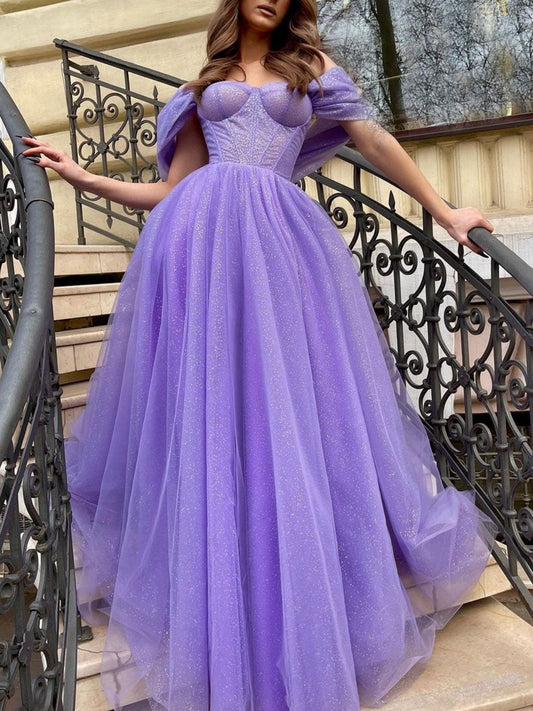 Purple Off-Shoulder Tulle Sequin Long Prom Dress Purple Evening Dress