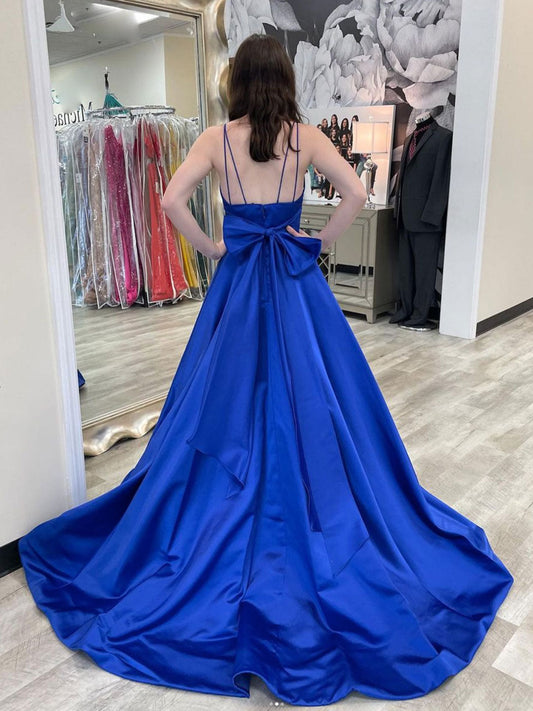 Simple Blue V-Neck Satin Long Prom Dress Blue Formal Dress