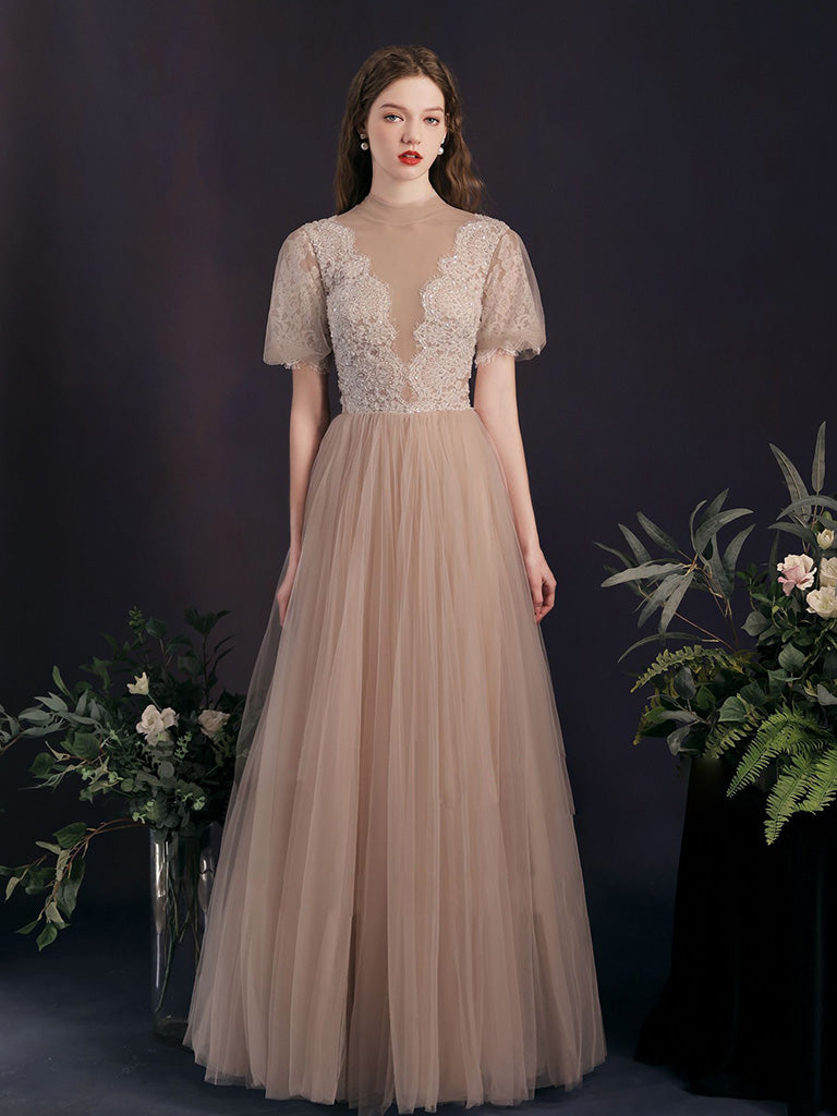 A-Line Tulle Lace Champagne Long Prom Dress Tulle Lace Long Bridesmaid Dress