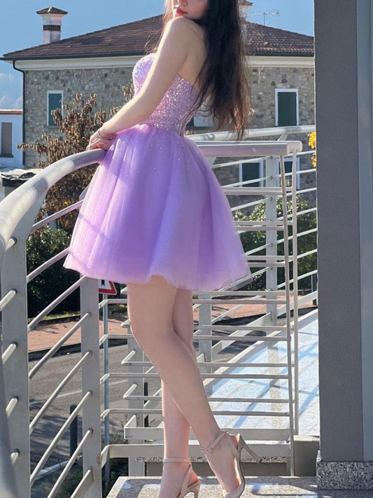 Purple Sweetheart Neck Short Prom Dress Purple Homecoming Dress