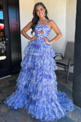 EmmelineDressystars  Blue Print Halter Keyhole Ruffle Tiered Long Prom Dress