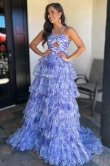 EmmelineDressystars  Blue Print Halter Keyhole Ruffle Tiered Long Prom Dress