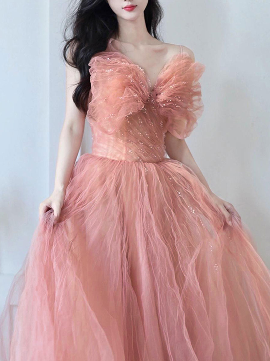 Pink Tulle Sequin Long Prom Dress Pink Tulle Formal Dress