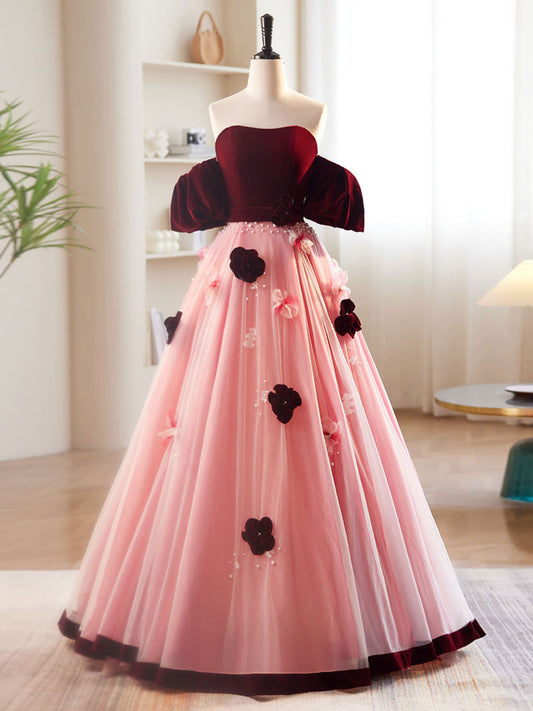 A-Line Tulle Velvet Pink/Burgundy Long Prom Dress Tulle Formal Evening Gown