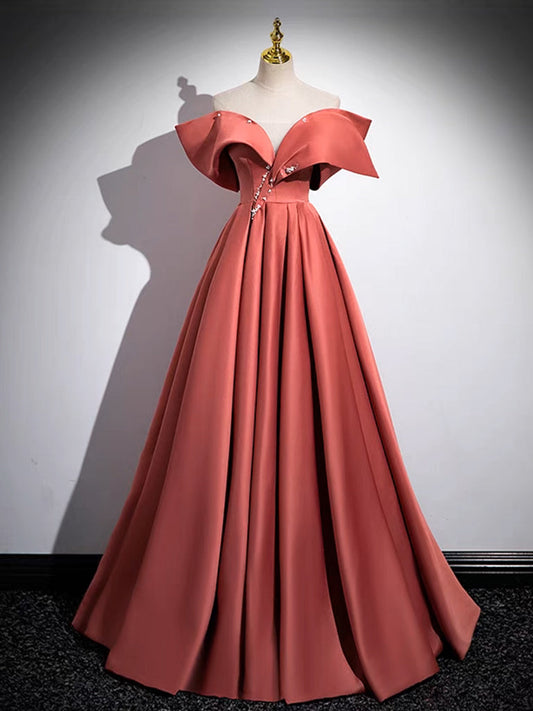 A-Line Off-Shoulder Satin Long Prom Dress Watermelon Red Long Formal Dress