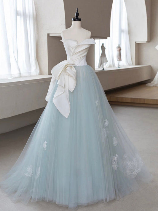 A-Line Tulle Lace Blue Long Prom Dress Blue Tulle Lace Formal Gown