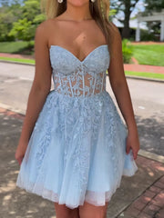 Blue A-Line Lace Short Prom Dress Blue Cute Homecoming Dress