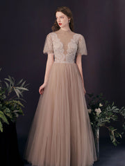 A-Line Tulle Lace Champagne Long Prom Dress Tulle Lace Long Bridesmaid Dress