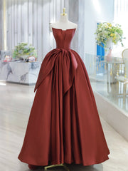 A-Line Satin Burgundy Long Prom Dress Burgundy Long Formal Gown