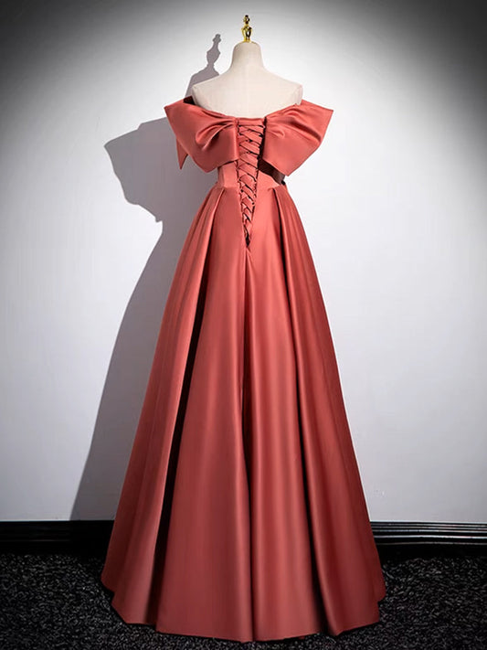 A-Line Off-Shoulder Satin Long Prom Dress Watermelon Red Long Formal Dress