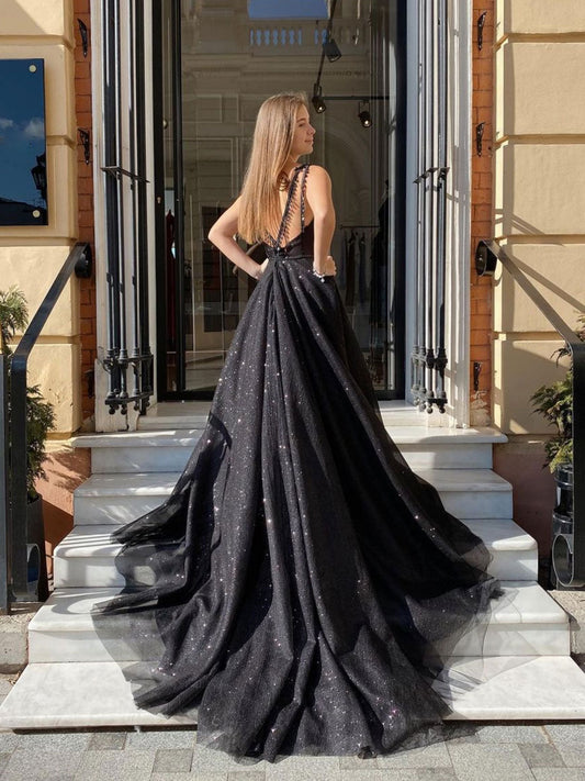 Black V-Neck Tulle Long Prom Dress Black Tulle Long Evening Dress