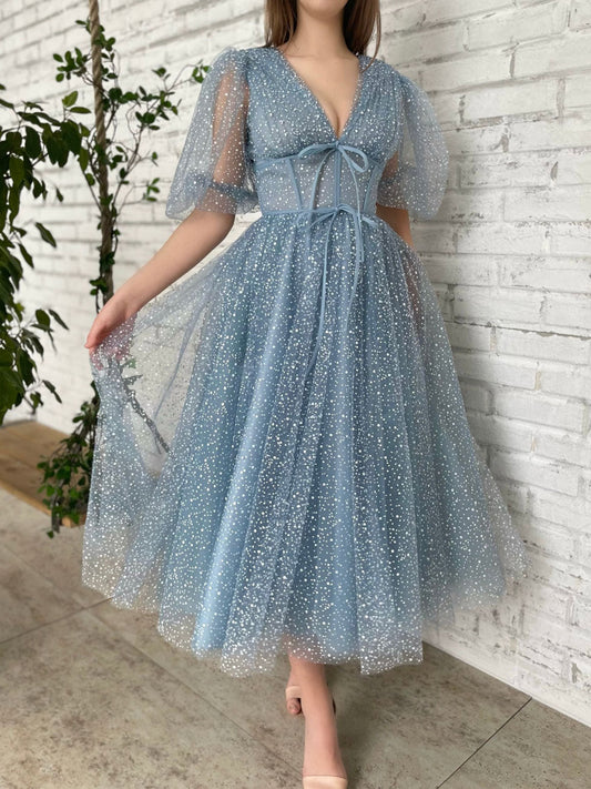 A-Line Tea Length Gray Blue Prom Dress Gray Blue Formal Wedding Party Dress