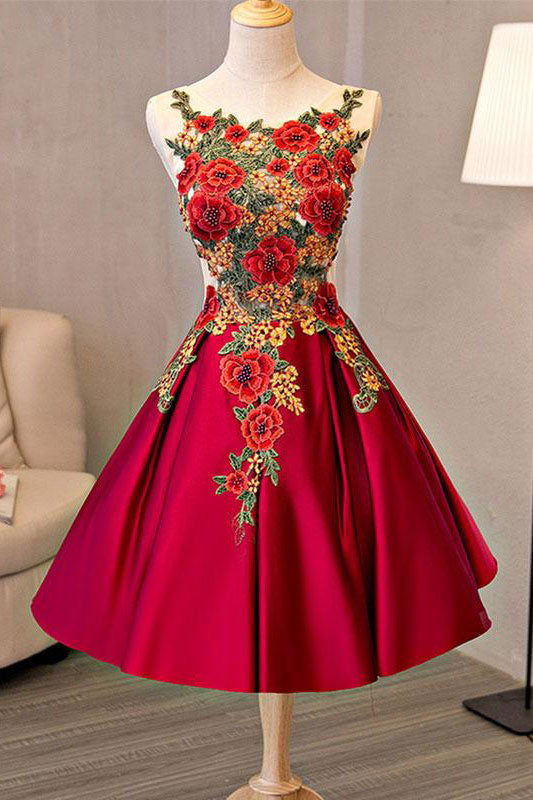 Burgundy Lace Appliqu¨¦ Short Prom Dress Lace Homecoming Dress