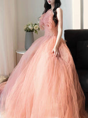 Pink Tulle Sequin Long Prom Dress Pink Tulle Formal Dress