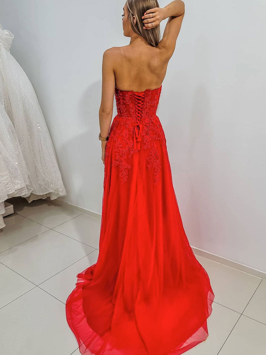 Red Sweetheart Neck A-Line Tulle Lace Long Prom Dress Red Evening Dress