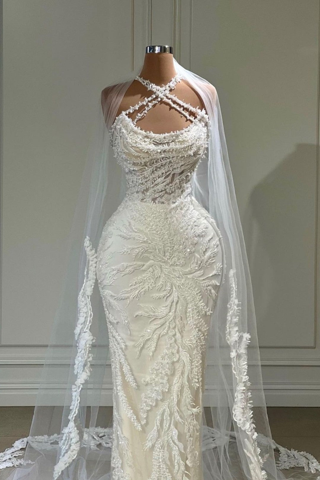 Halter Long White Wedding Dress with Tulle Appliques