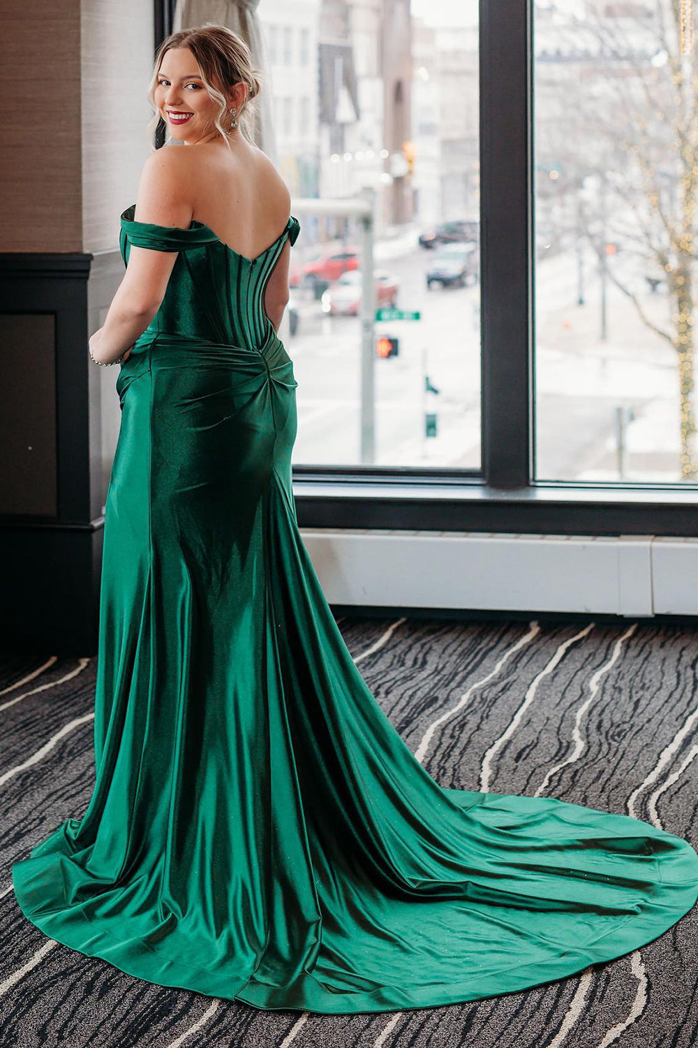 Green Corset Off the Shoulder Long Prom Dress with Slit