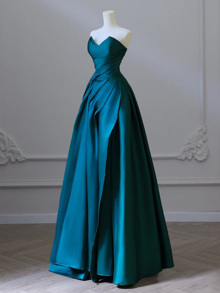 A-Line Satin Green Long Prom Dress Green Satin Long Formal Dress