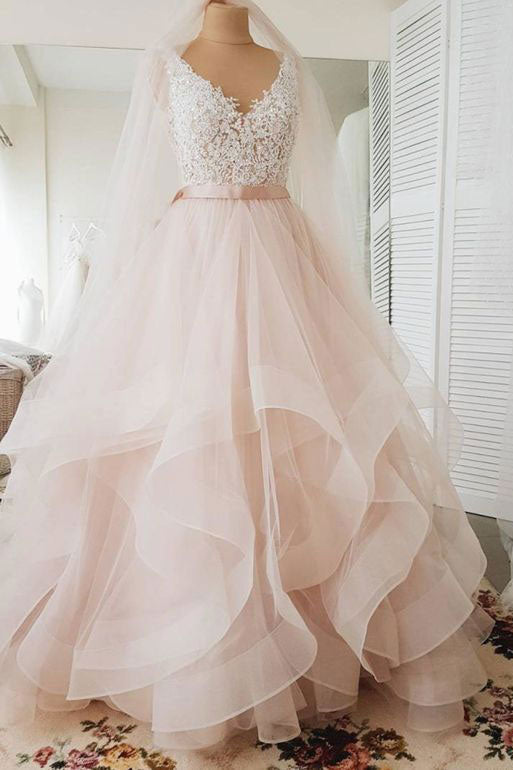 Pink V-Neck Tulle Lace Long Prom Dress Pink Evening Gown