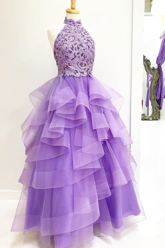 Purple High Neck Lace Tulle Long Prom Dress Purple Evening Gown