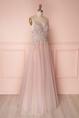 Pink V-Neck Tulle Lace Applique Long Prom Dress Pink Evening Dress