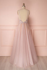 Pink V-Neck Tulle Lace Applique Long Prom Dress Pink Evening Dress