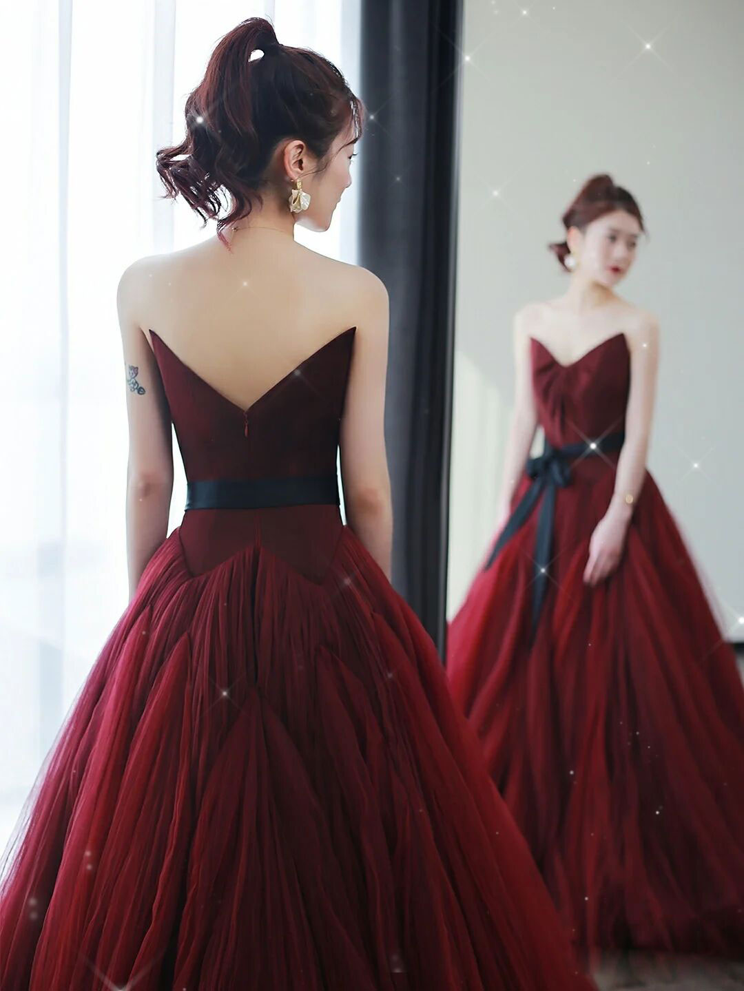 A-Line Burgundy Tulle Long Prom Dress Burgundy Evening Dress