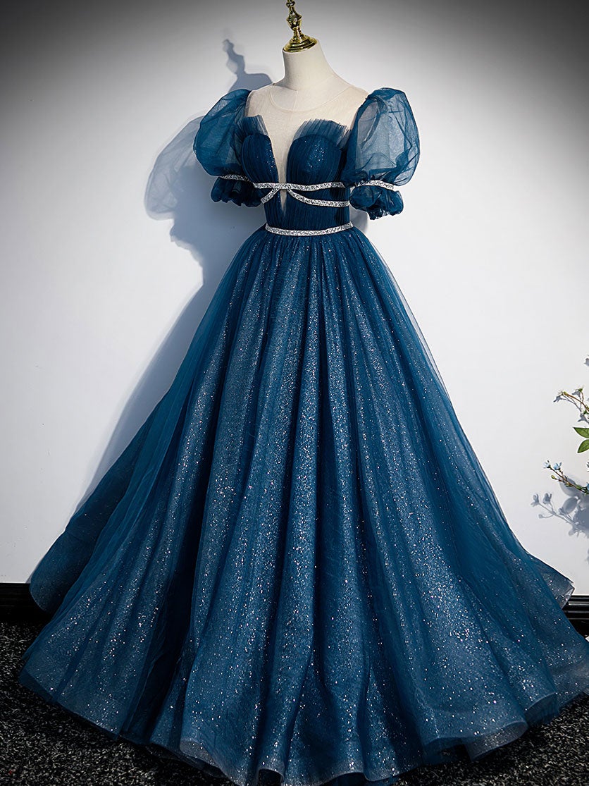 Blue Tulle Sequin Long Prom Dress Blue Tulle Formal Dress