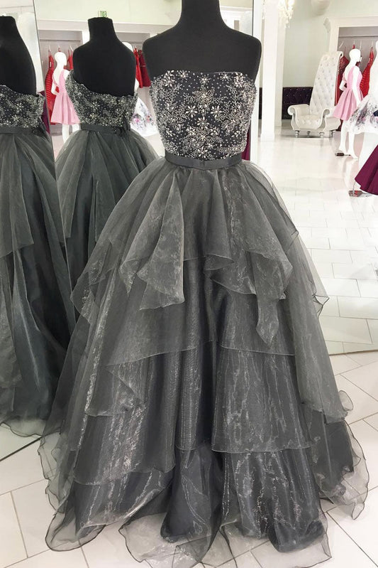 Unique Gray Tulle Beaded Long Prom Gown Gray Tulle Long Evening Dress