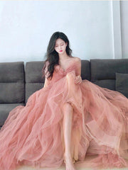 Pink Tulle Sequin Long Prom Dress Pink Tulle Formal Dress