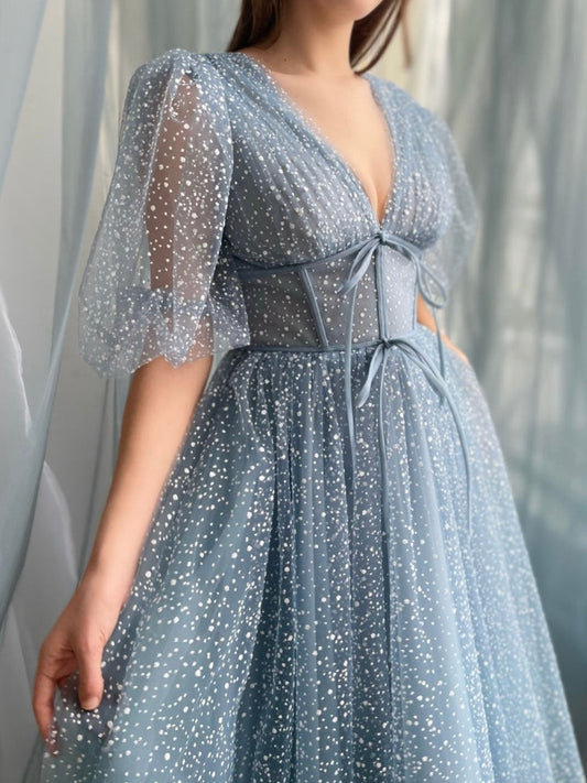 A-Line Tea Length Gray Blue Prom Dress Gray Blue Formal Wedding Party Dress