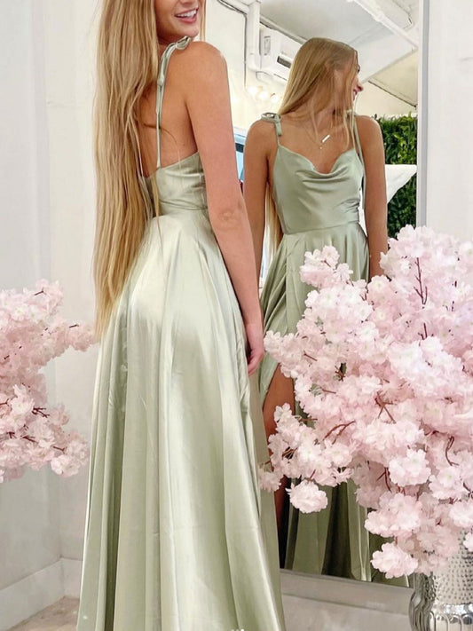 Simple Light Green Satin Long Prom Dress Green Evening Dress