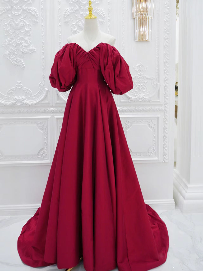 Red V-Neck Satin Long Prom Dress Red Puff Sleeves Satin Long Formal Dress