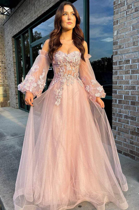 Girly Pink Tulle Material Strapless A-Line Elegant Prom Dress with Balloon Sleeves