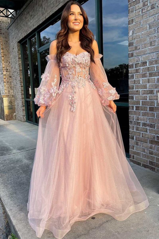 Girly Pink Tulle Material Strapless A-Line Elegant Prom Dress with Balloon Sleeves